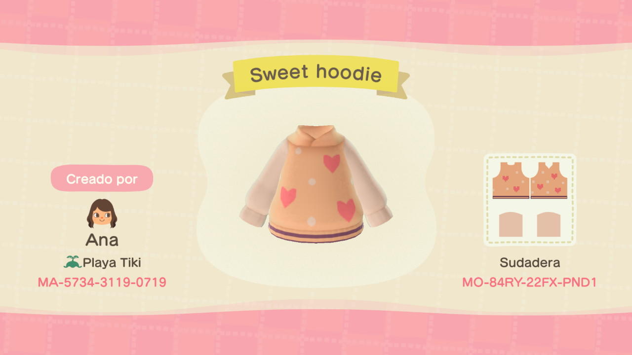 Animal Crossing Design Code: MO-84RY-22FX-PND1 Sweet Hoddie