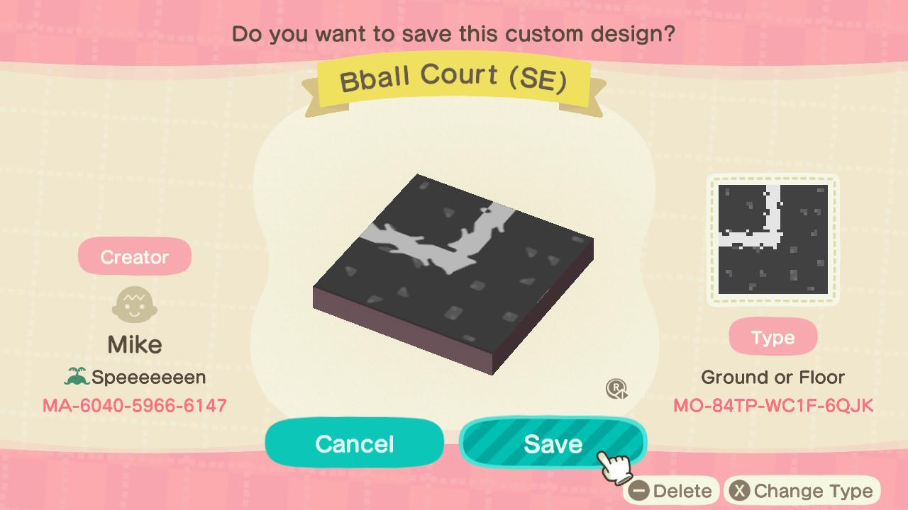 Animal Crossing Design Code: MO-84TP-WC1F-6QJK Bball Court (SE)