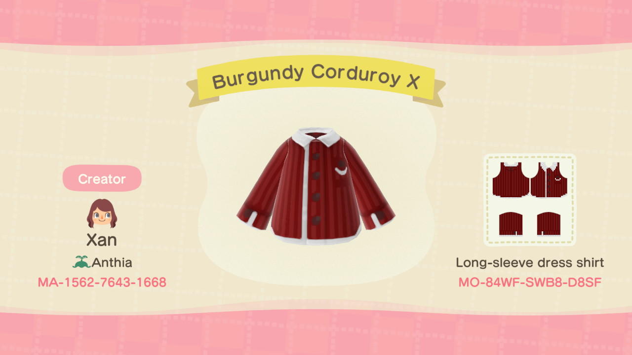 Animal Crossing Design Code: MO-84WF-SWB8-D8SF Burgundy Jacket