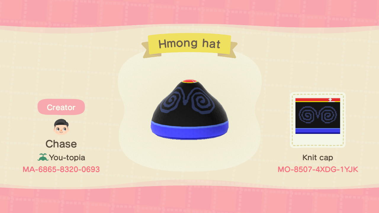 Animal Crossing Design Code: MO-8507-4XDG-1YJK Hmong Hat