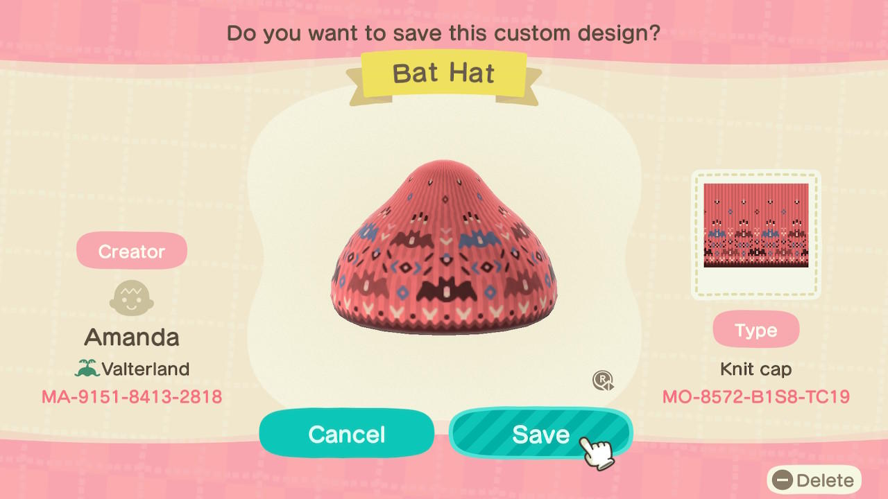 Animal Crossing Design Code: MO-8572-B1S8-TC19 Bat Hat