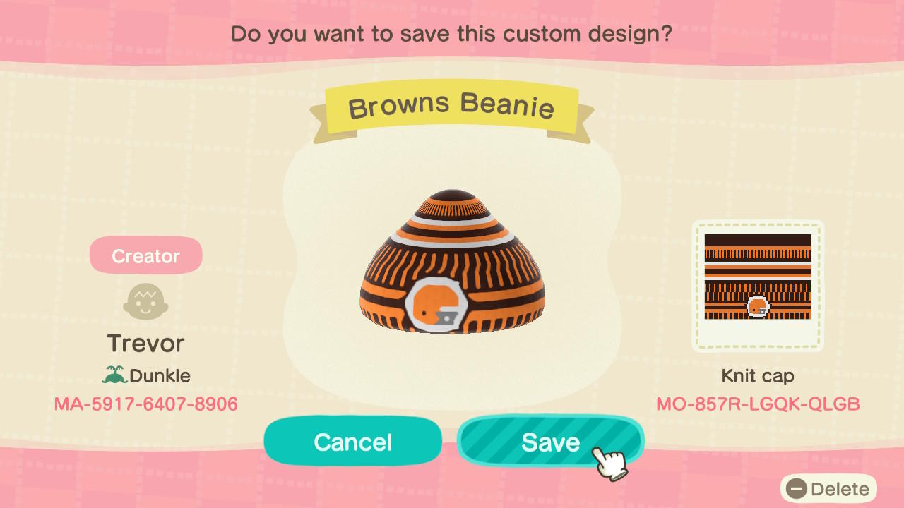 Animal Crossing Design Code: MO-857R-LGQK-QLGB Browns Beanie