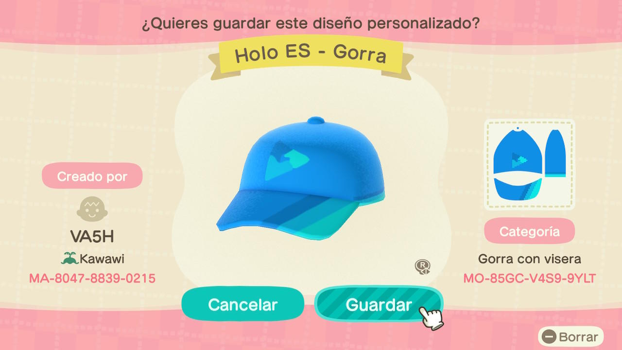 Animal Crossing Design Code: MO-85GC-V4S9-9YLT Holo Es - Gorra