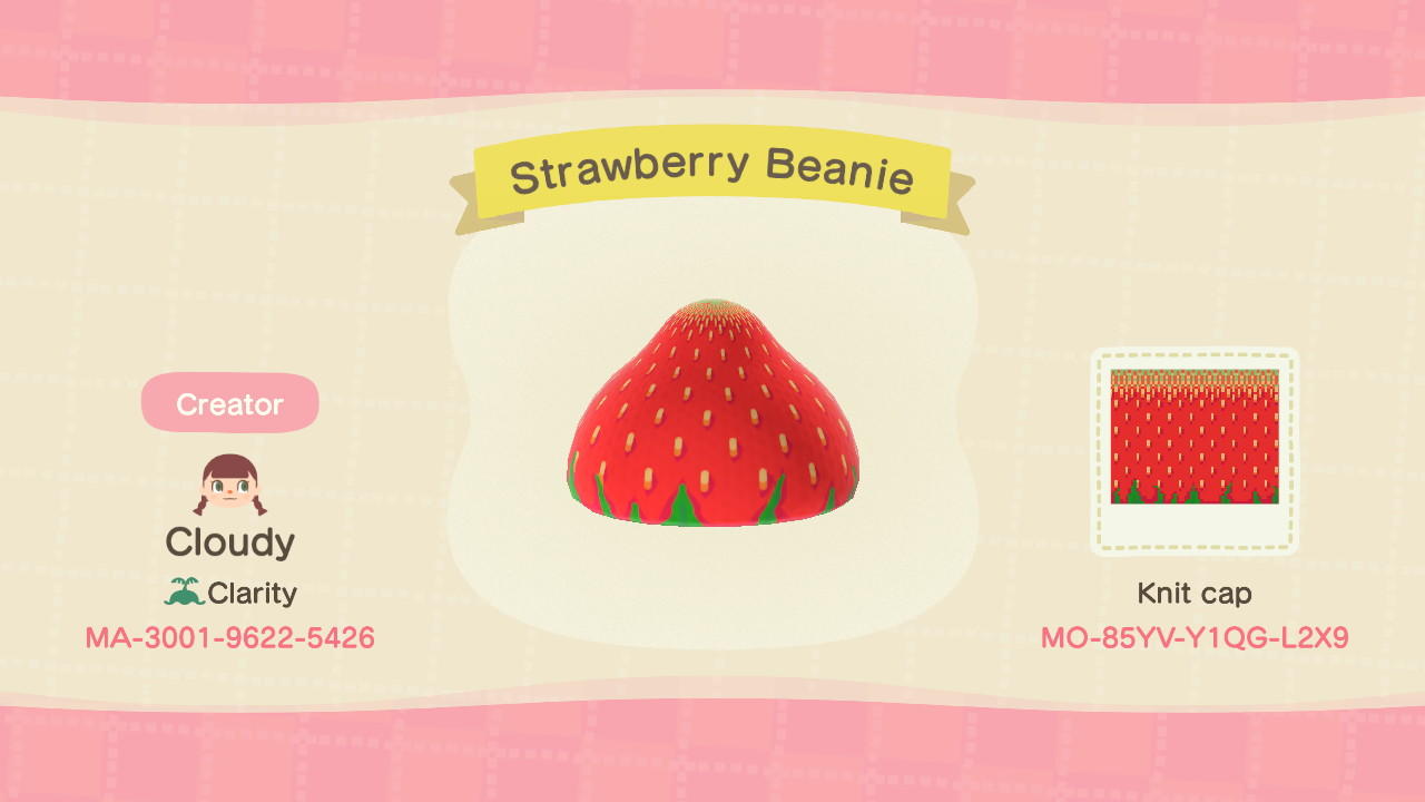 Animal Crossing Design Code: MO-85YV-Y1QG-L2X9 Strawberry Beanie