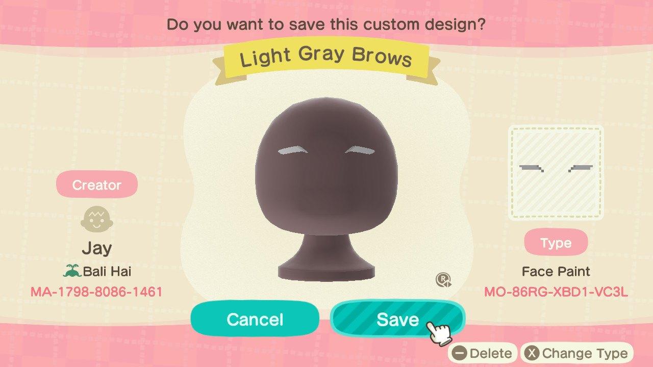Animal Crossing Design Code: MO-86RG-XBD1-VC3L Light Gray Brows