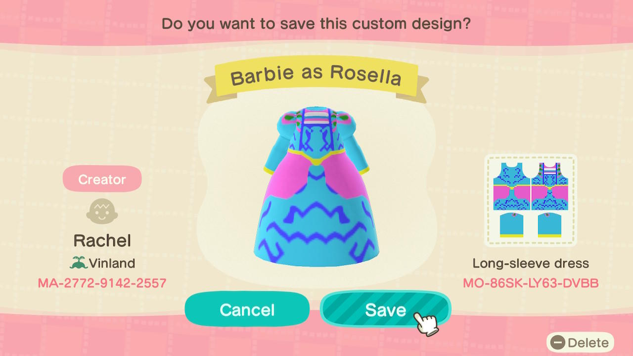 Animal Crossing Design Code: MO-86SK-LY63-DVBB Barbie as Rosella
