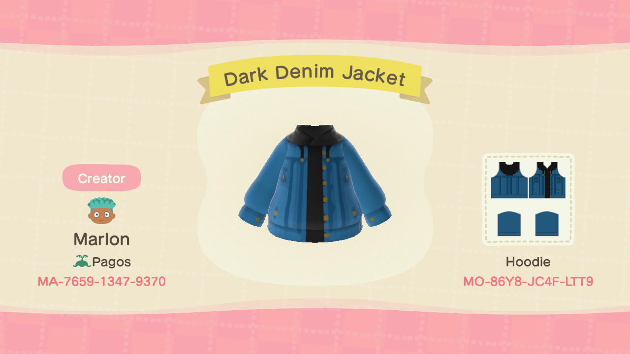 Animal Crossing Design Code: MO-86Y8-JC4F-LTT9 Dark Denim Jacket