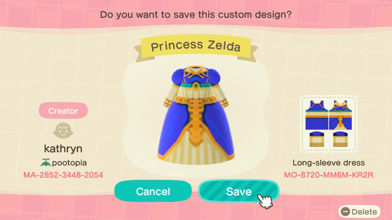 Animal Crossing Design Code: MO-8720-MM6M-KR2R Princess zelda botw