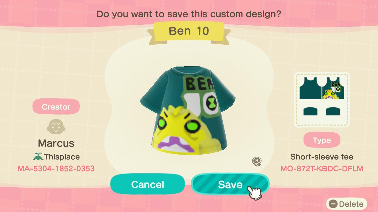 Animal Crossing Design Code: MO-872T-KBDC-DFLM Ben 10 The Worst