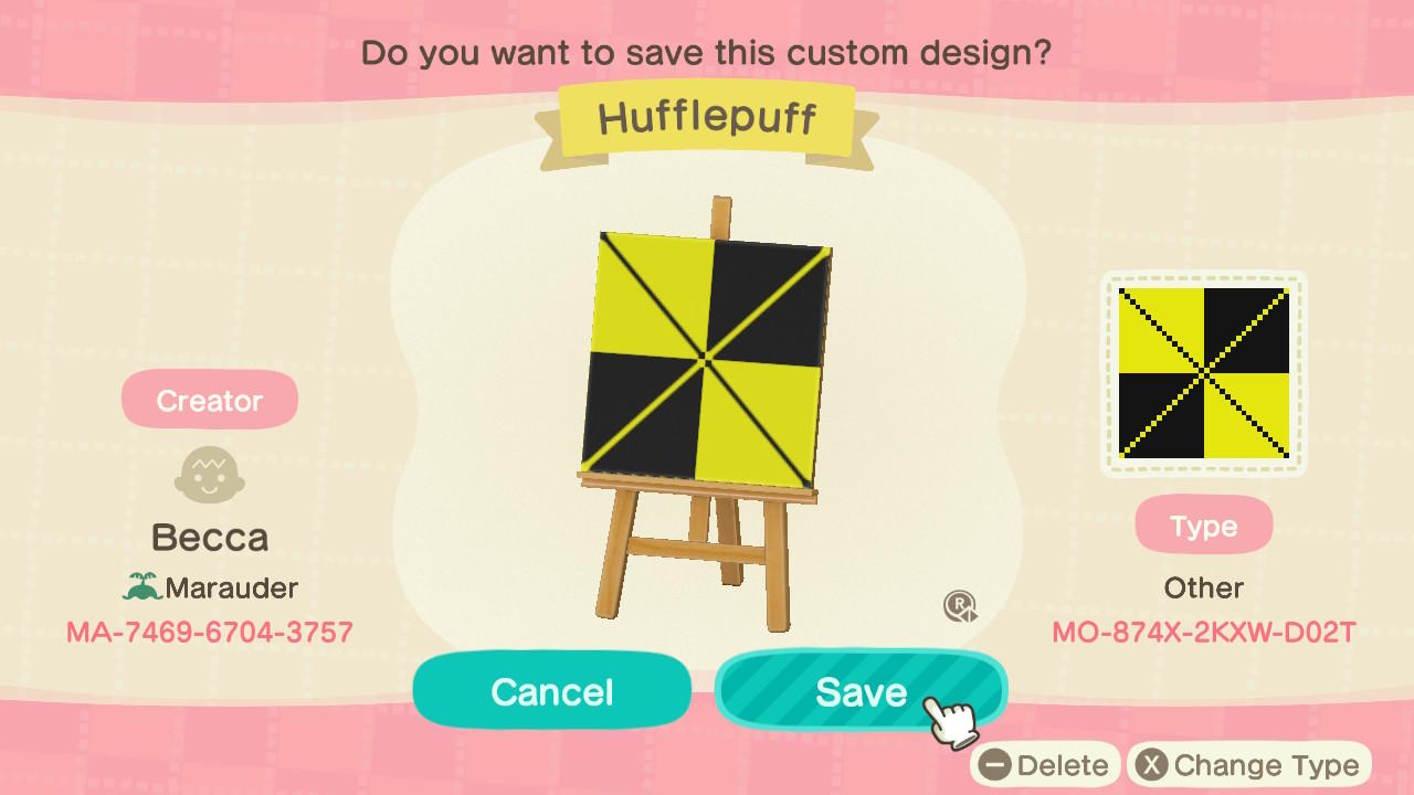 Animal Crossing Design Code: MO-874X-2KKW-D02T Hufflepuff
