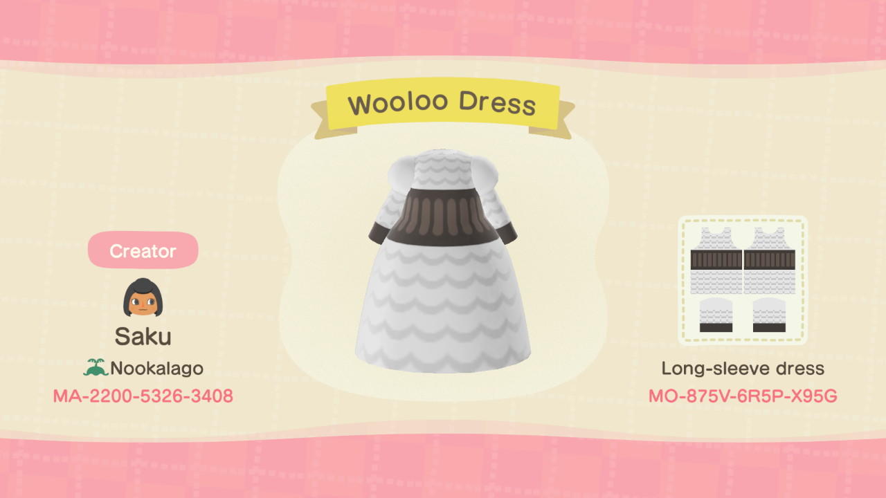 Animal Crossing Design Code: MO-875V-6R5P-X95G Wooloo Dress