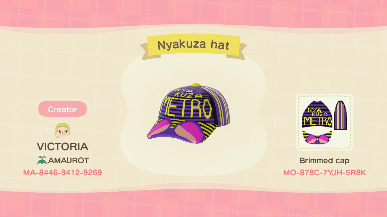 Animal Crossing Design Code: MO-878C-7YJH-5R8K Nyakuza hat