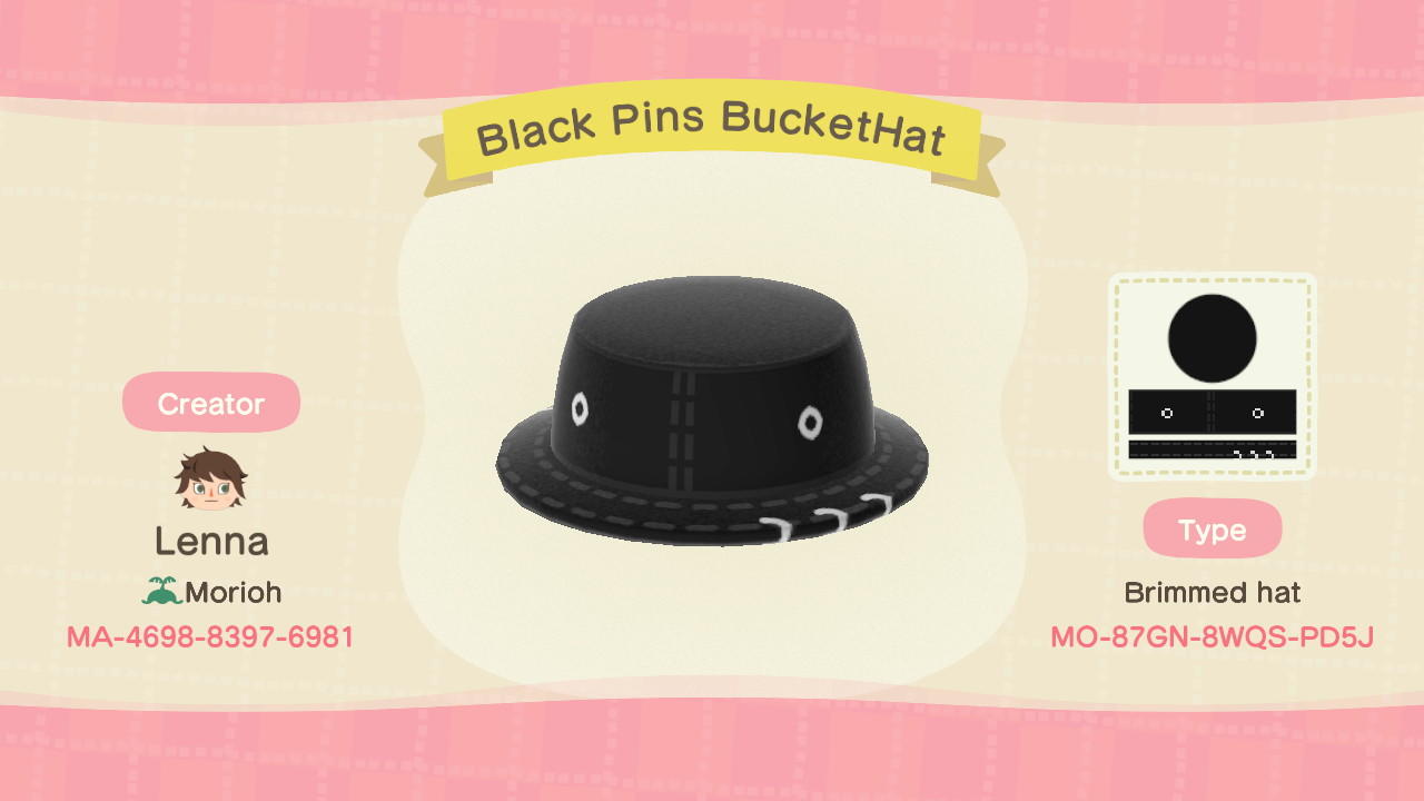 Animal Crossing Design Code: MO-87GN-8WQS-PD5J Black Pins BucketHat