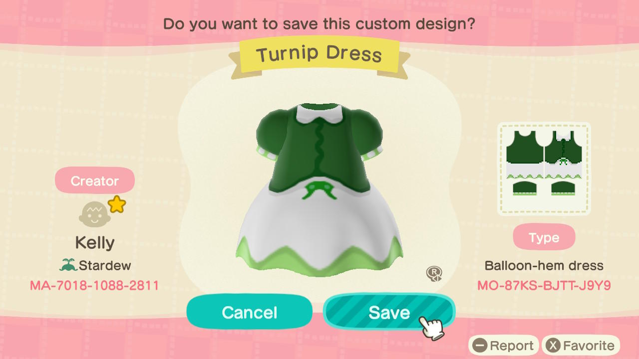 Animal Crossing Design Code: MO-87KS-BJTT-J9Y9 Turnip Dress