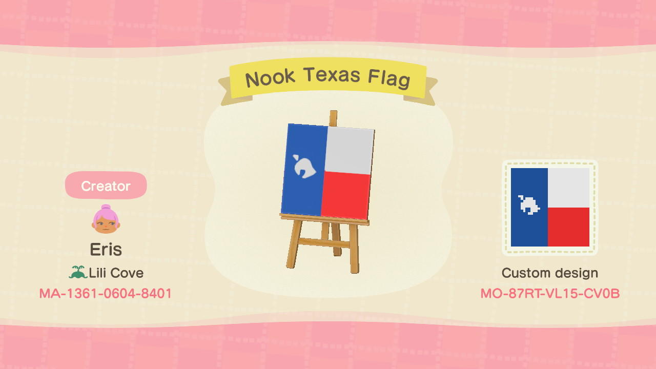 Animal Crossing Design Code: MO-87RT-VL15-CV0B Nook Texas Flag