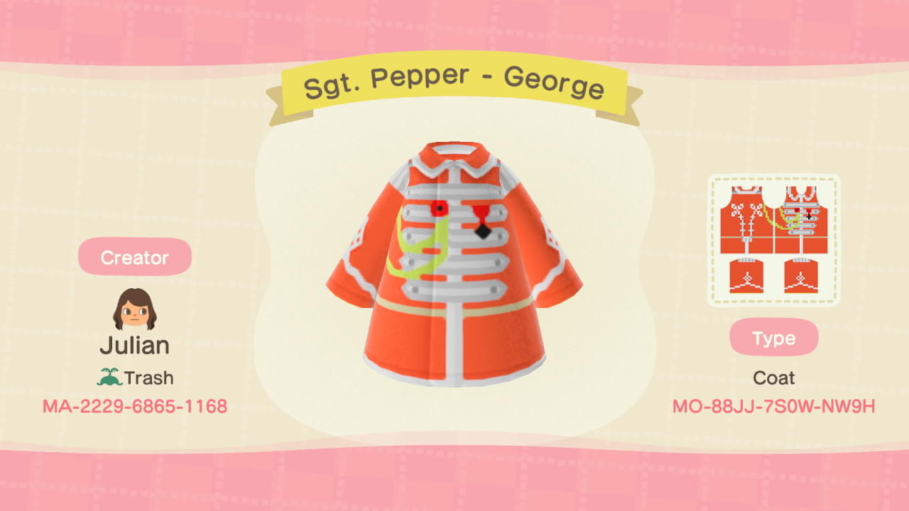 Animal Crossing Design Code: MO-88JJ-7S0W-NW9H Sgt. Pepper - George