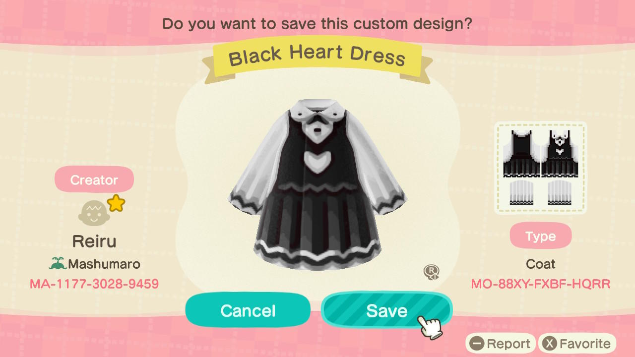 Animal Crossing Design Code: MO-88XY-FXBF-HQRR Black Heart Dress