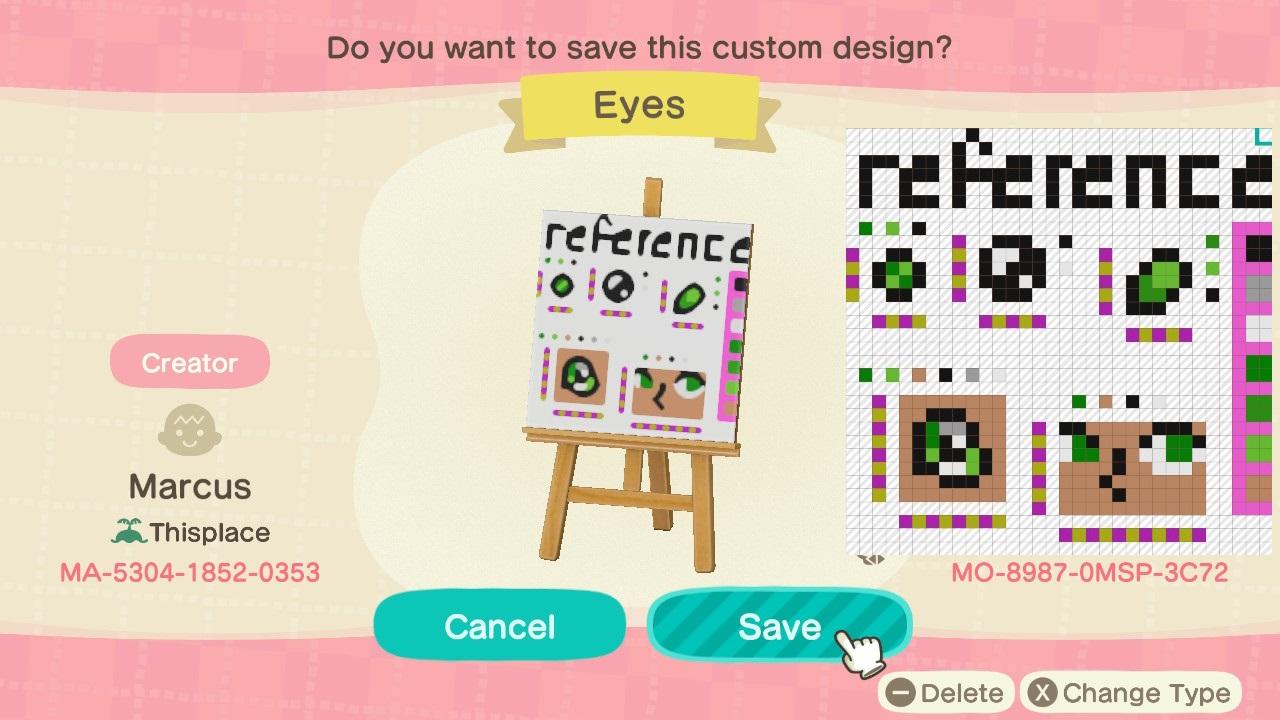 Animal Crossing Design Code: MO-8987-0MSP-3C72 Eyes Reference Image
