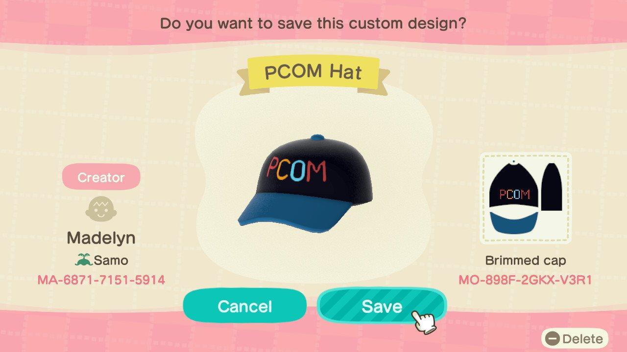 Animal Crossing Design Code: MO-898F-2GKX-V3R1 PCOM Hat