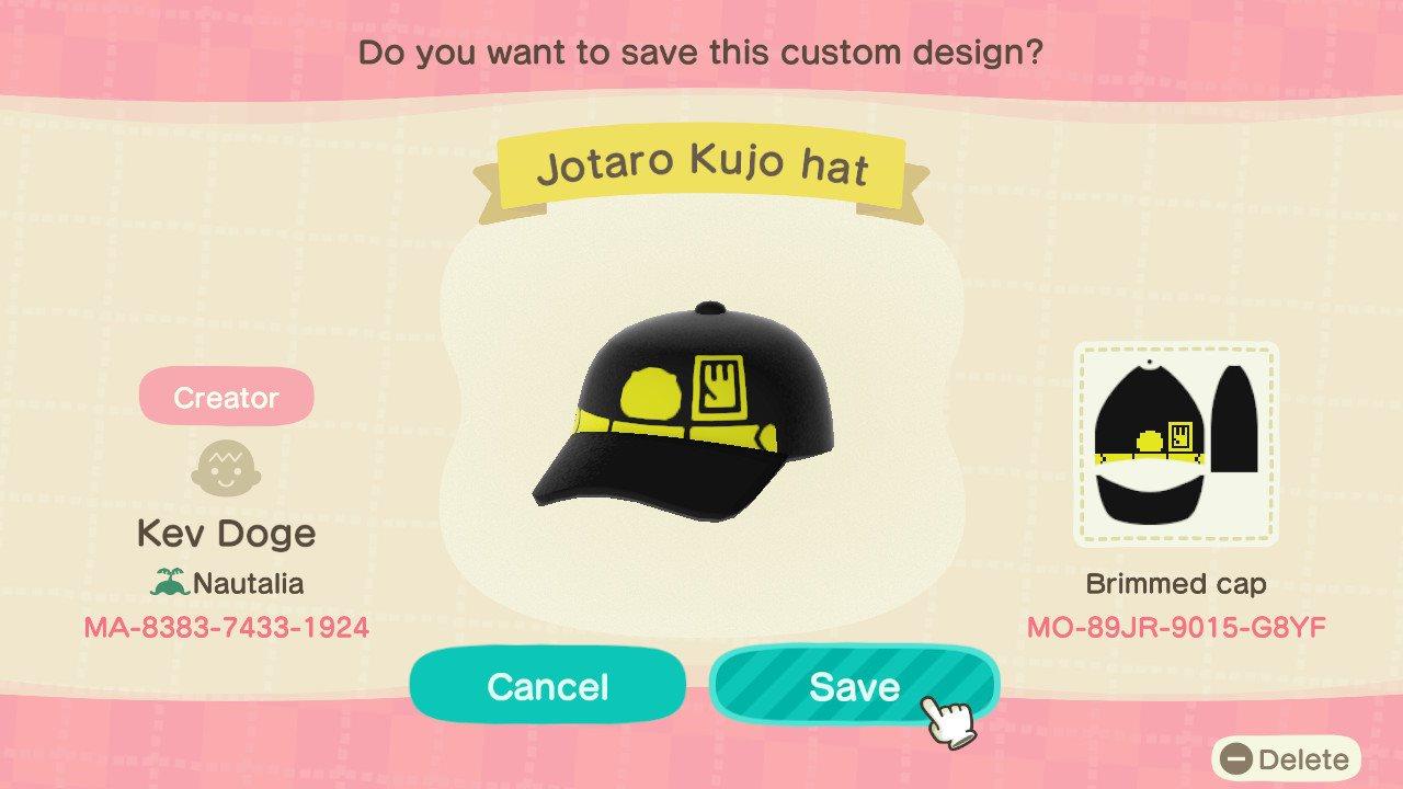 Animal Crossing Design Code: MO-89JR-9015-G8YF Jotaro Kujo hat