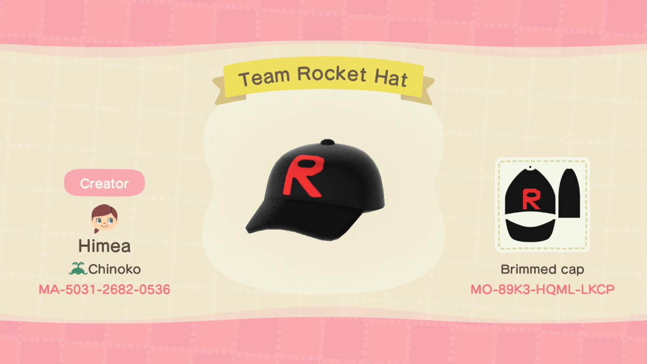 Animal Crossing Design Code: MO-89K3-HQML-LKCP Team Rocket Hat
