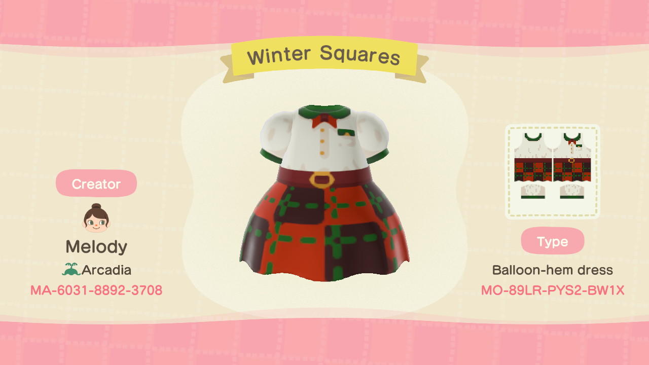 Animal Crossing Design Code: MO-89LR-PYS2-BW1X Winter Square Dress