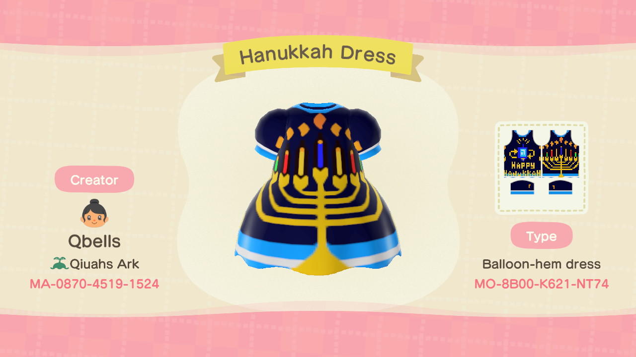 Animal Crossing Design Code: MO-8B00-K621-NT74 Happy Hanukkah Dress