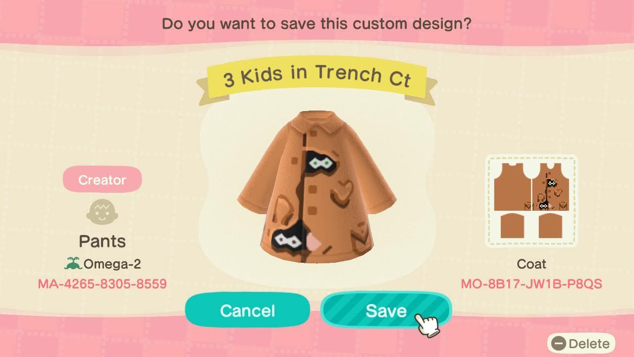 Animal Crossing Design Code: MO-8B17-JW1B-P8QS 3 Kids in Trench Ct