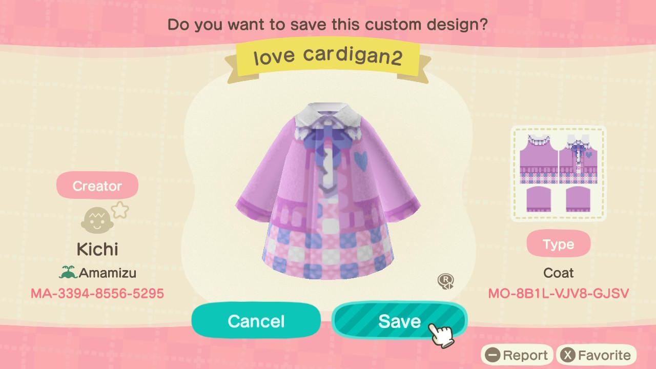 Animal Crossing Design Code: MO-8B1L-VJV8-GJSV Love Cardigan 2