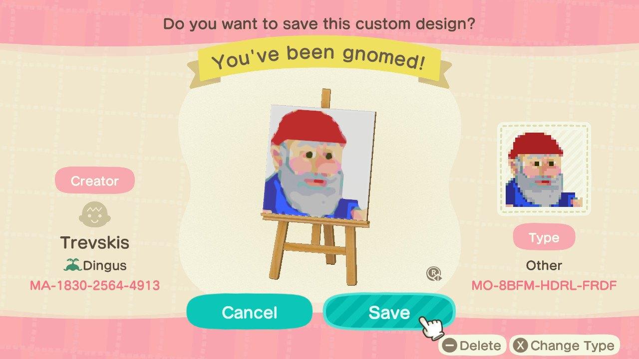 Animal Crossing Design Code: MO-8BFM-HDRL-FRDF You've been gnomed!