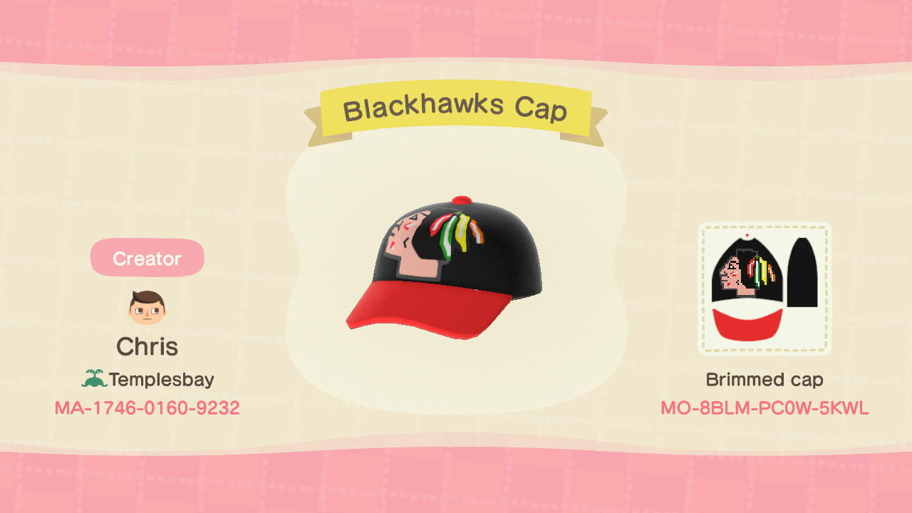 Animal Crossing Design Code: MO-8BLM-PC0W-5KWL Blackhawks Cap