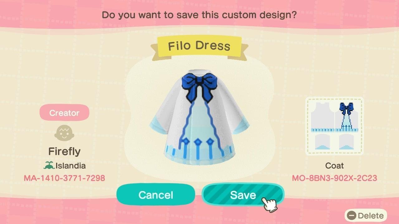 Animal Crossing Design Code: MO-8BN3-902X-2C23 Filo Dress
