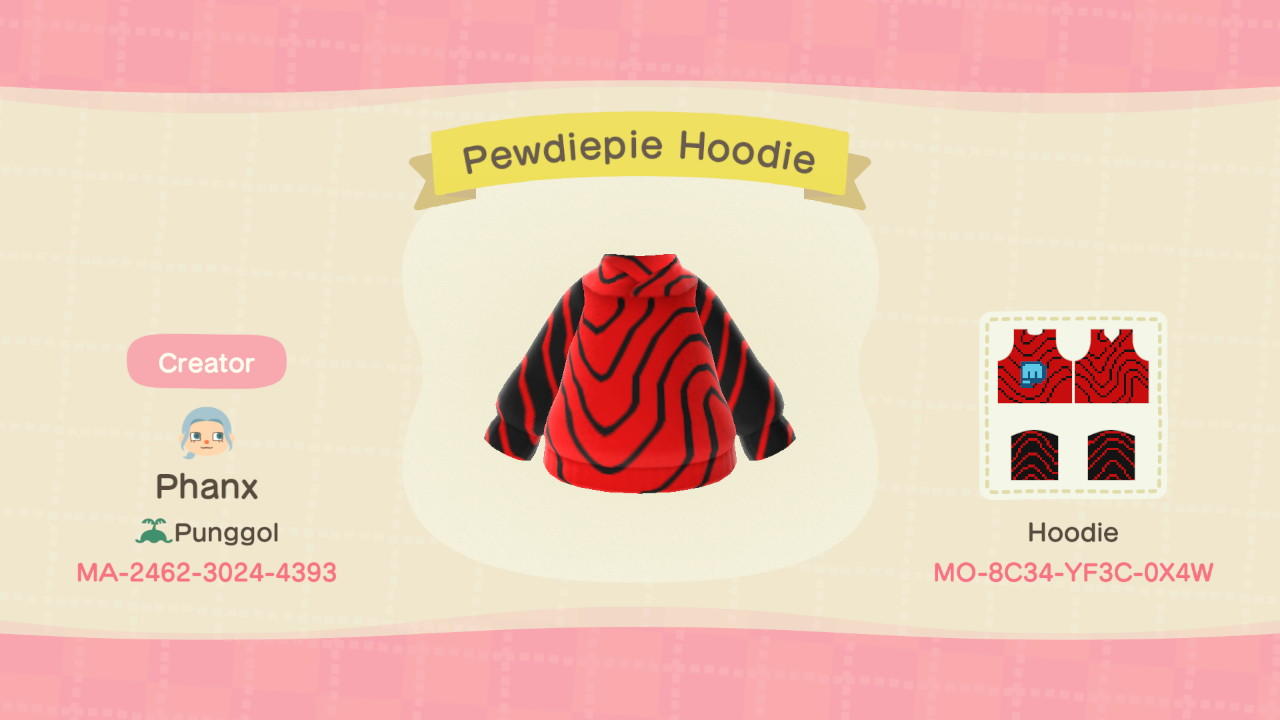 Animal Crossing Design Code: MO-8C34-YF3C-0X4W Pewdiepie Hoodie