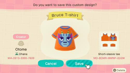 Animal Crossing Design Code: MO-8CMR-MWNP-2D2W Bruce T-shirt