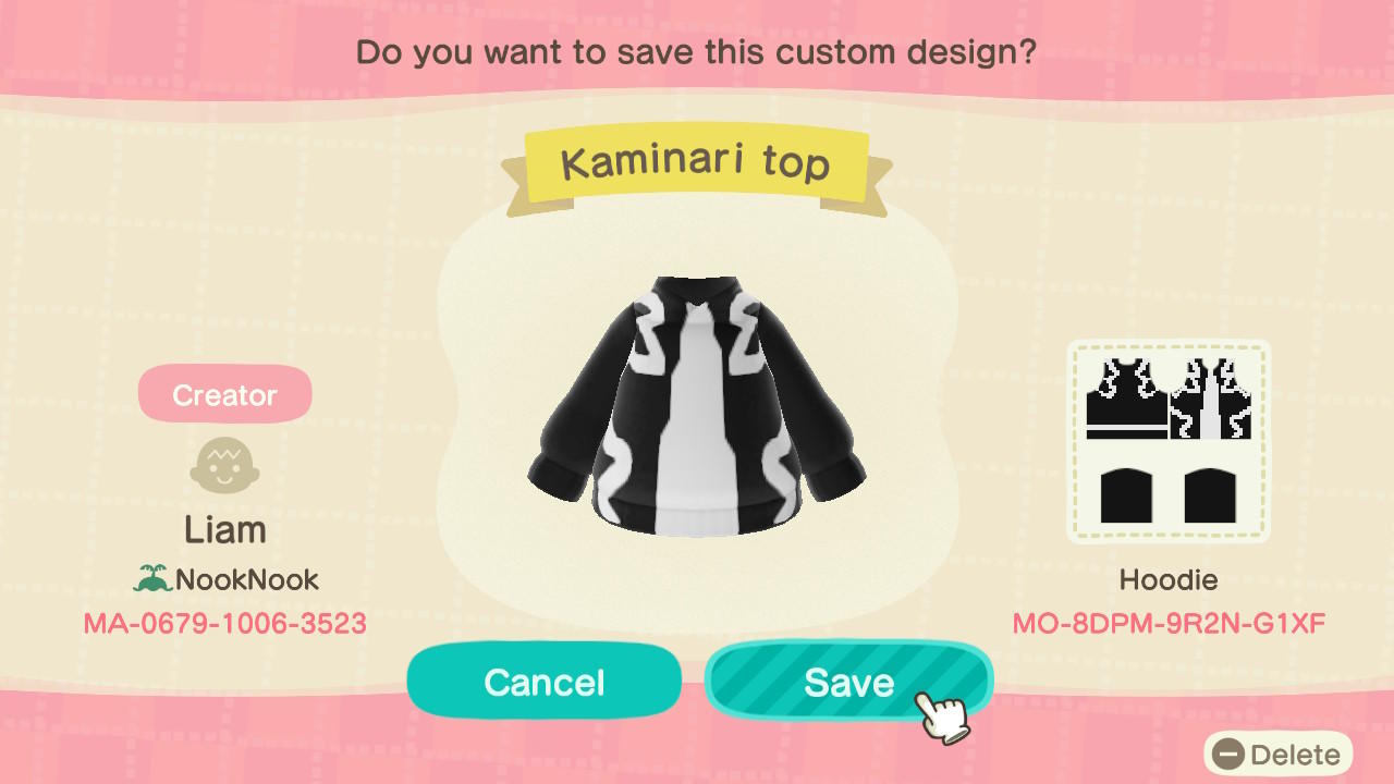 Animal Crossing Design Code: MO-8DPM-9R2N-G1XF Kaminari/Denki Top