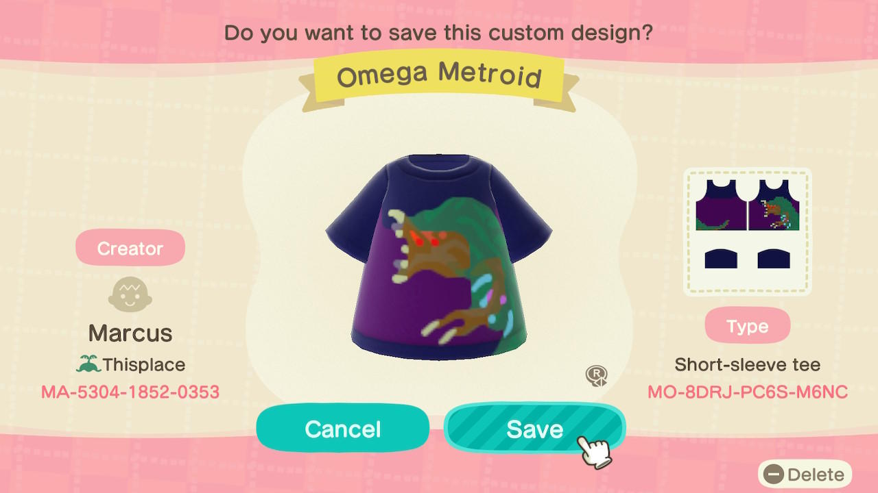 Animal Crossing Design Code: MO-8DRJ-PC6S-M6NC Omega Metroid