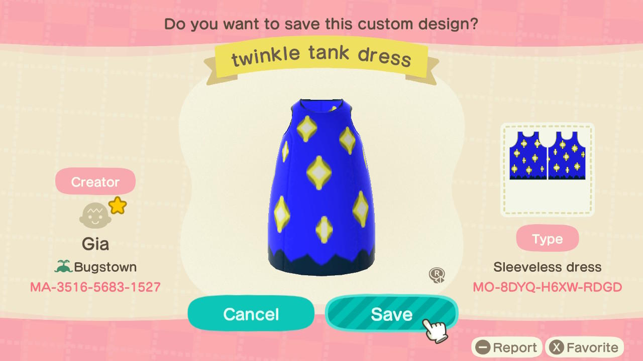 Animal Crossing Design Code: MO-8DYQ-H6XW-RDGD Twinkle Tank Dress