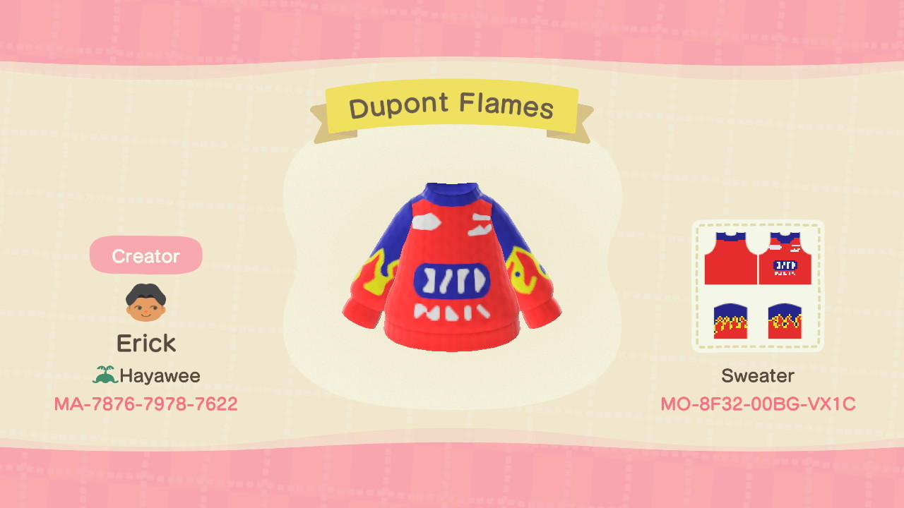 Animal Crossing Design Code: MO-8F32-00BG-VX1C Dupont Flames