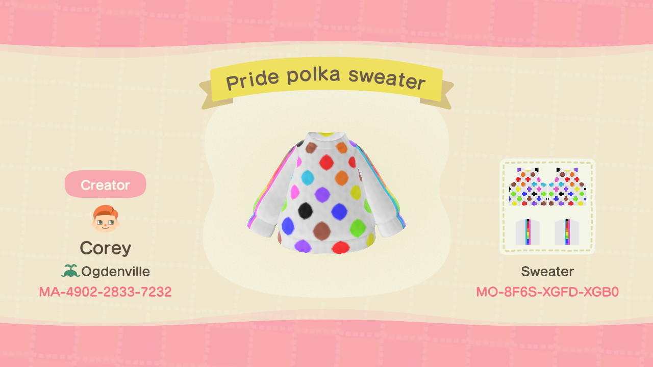 Animal Crossing Design Code: MO-8F6S-XGFD-XGB0 Pride Polka Sweater