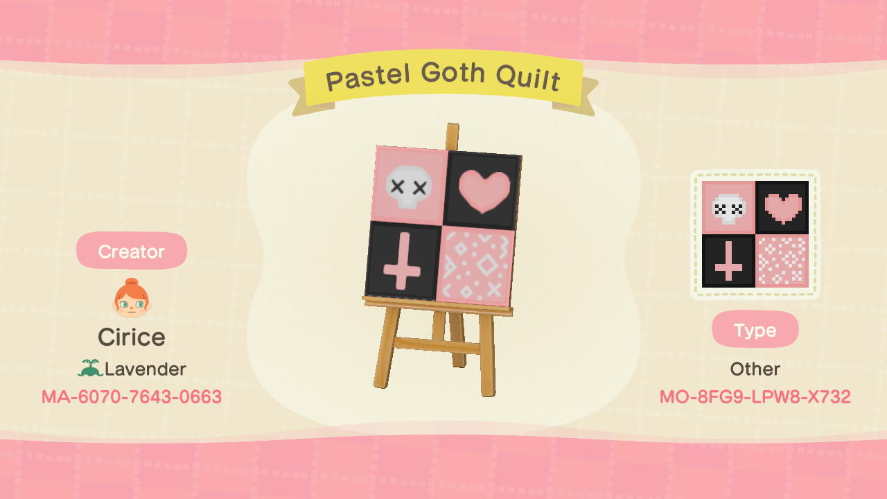 Animal Crossing Design Code: MO-8FG9-LPW8-X732 Pastel Goth Quilt