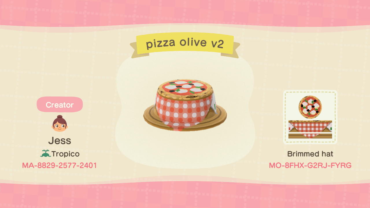 Animal Crossing Design Code: MO-8FHX-G2RJ-FYRG Olive Pizza Hat