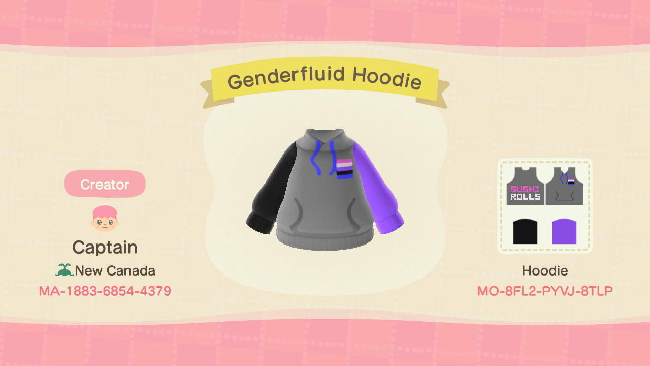 Animal Crossing Design Code: MO-8FL2-PYVJ-8TLP Genderfluid Hoodie