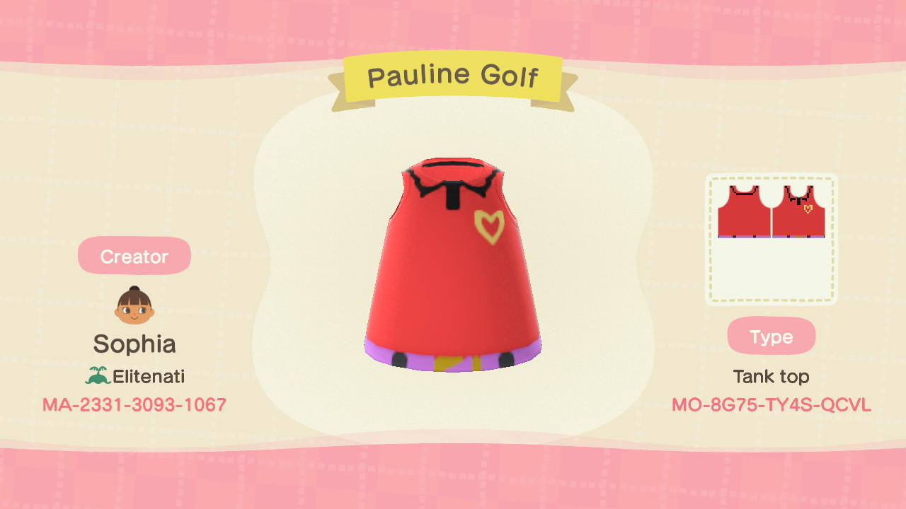 Animal Crossing Design Code: MO-8G75-TY4S-QCVL Pauline Golf