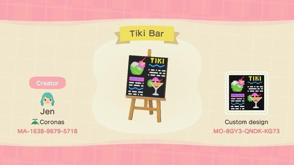 Animal Crossing Design Code: MO-8GY3-QNDK-KG73 Tiki Bar Menu Sign
