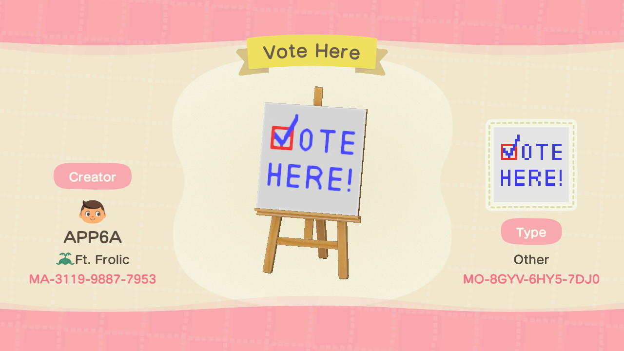 Animal Crossing Design Code: MO-8GYV-6HY5-7DJ0 Vote Here