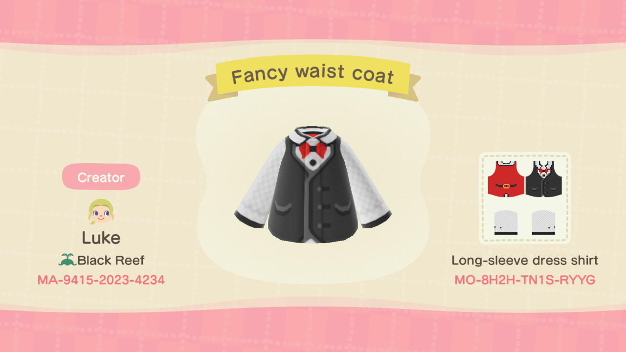 Animal Crossing Design Code: MO-8H2H-TN1S-RYYG Fancy waist coat