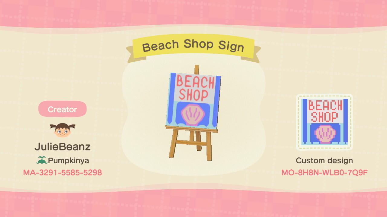 Animal Crossing Design Code: MO-8H8N-WLB0-7Q9F Beach Shop Sign