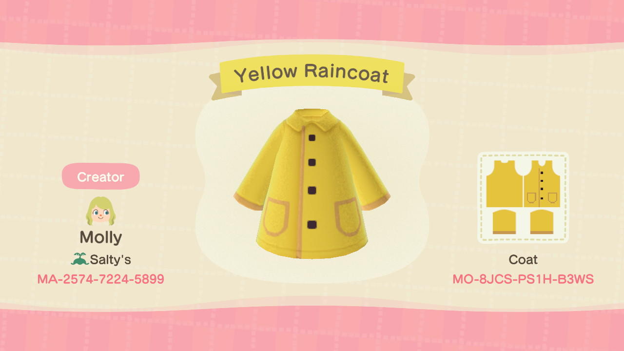 Animal Crossing Design Code: MO-8JCS-PS1H-B3WS Yellow Raincoat
