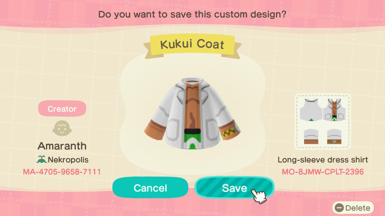 Animal Crossing Design Code: MO-8JMW-CPLT-2396 Kukui Coat