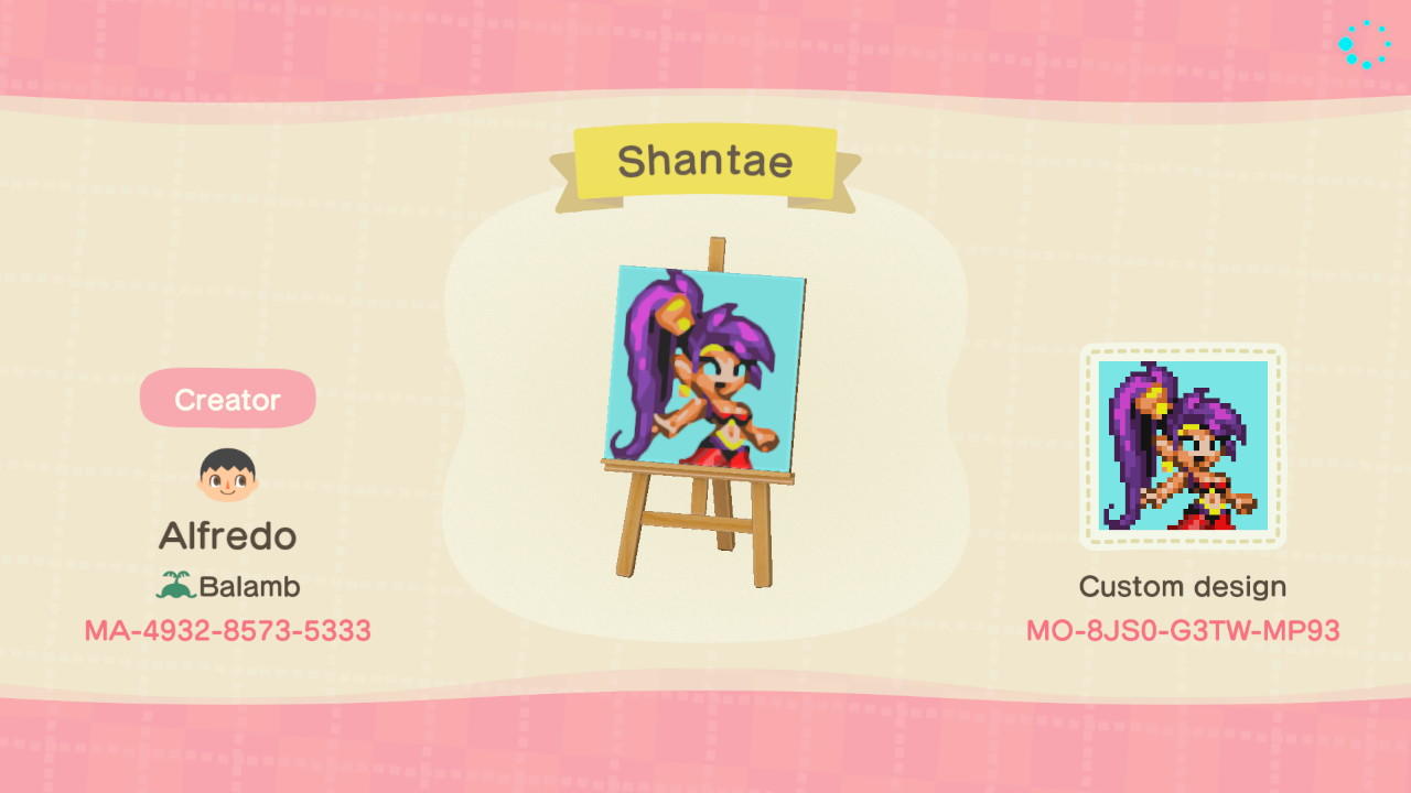 Animal Crossing Design Code: MO-8JS0-G3TW-MP93 Shantae